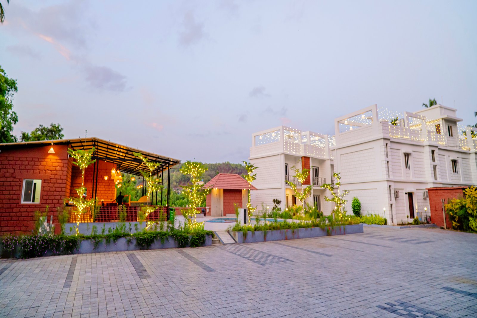 Breeze Café pergola at dusk